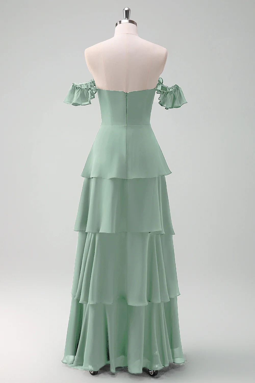 A Line Off The Shoulder Tiered Long Bridesmaid Dress with Ruffles