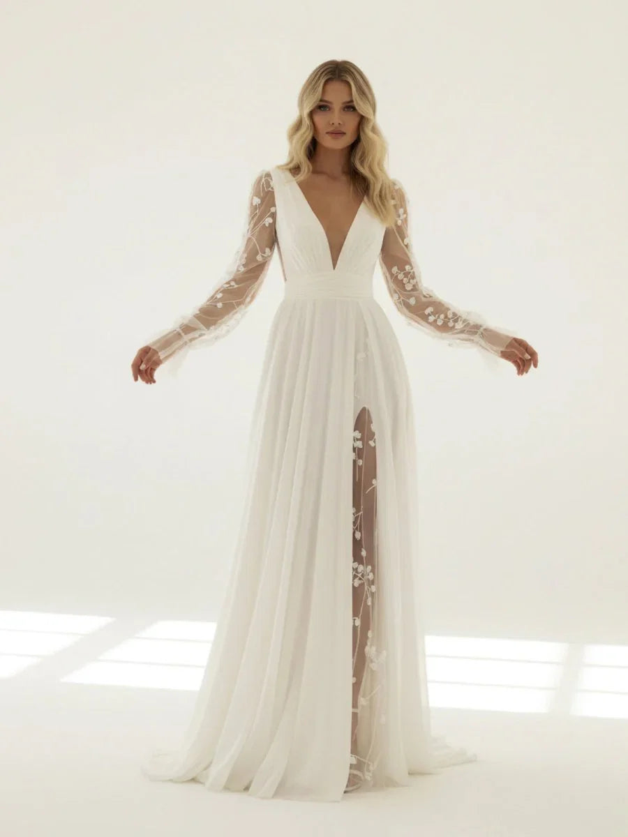 Long Sleeve Boho Flowy Wedding Dress Lace A Line V Neck Beach Gown with Split Front and Sweep Train