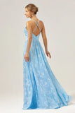Light Blue A Line V Neck Pleated Long Embroidered Bridesmaid Dress