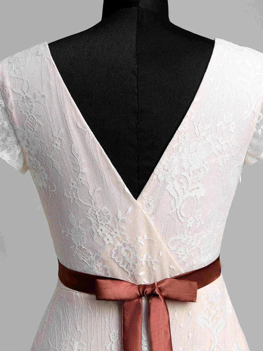 Short Sleeve V neck Pleated Long Lace Wedding Dress