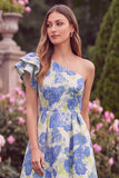 One Shoulder Blue Floral A Line Ruffled Midi Wedding Guest Dress