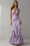 Lilac Halter Mermaid Ruffle V Neck Long Formal Dress