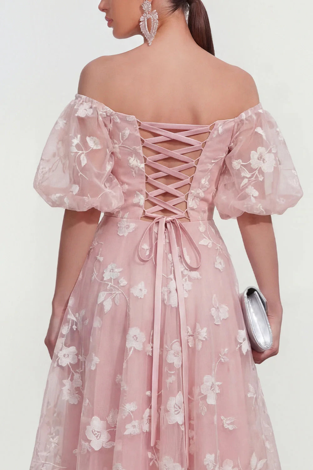 Off the Shoulder Floral Lilac Ruched A Line Wedding Guest Dress