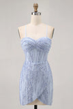 Sparkly Grey Blue Bodycon Sequins Corset Short Homecoming Dress