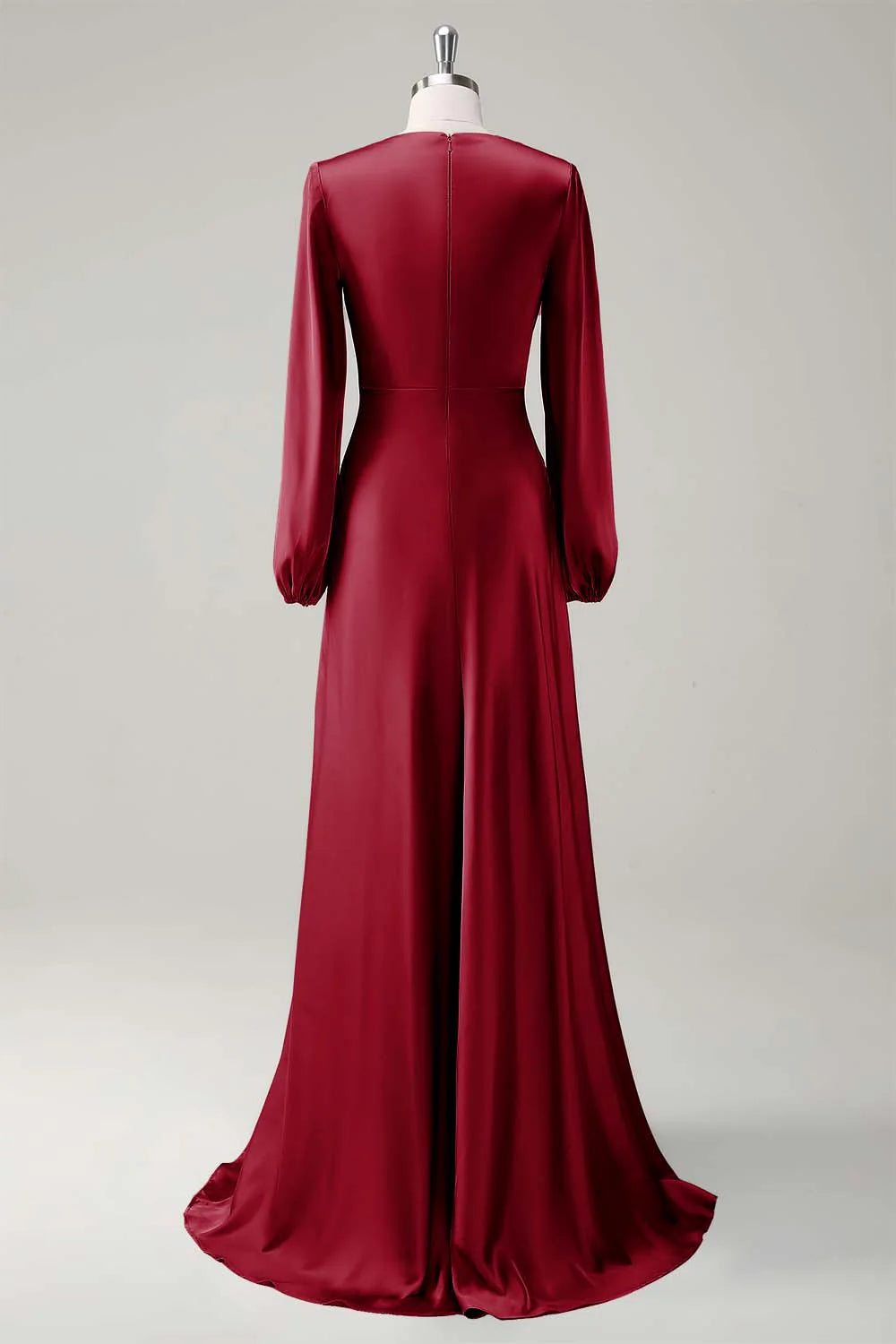 Agave A Line Round Neck Satin Long Bridesmaid Dress with Long Sleeves