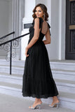 Black A Line Bow Spaghetti Straps Pleated Long Wedding Guest Dress