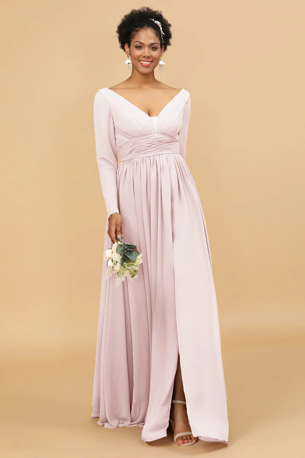 A Line V Neck Long Sleeves Chiffon Bridesmaid Dress with Slit