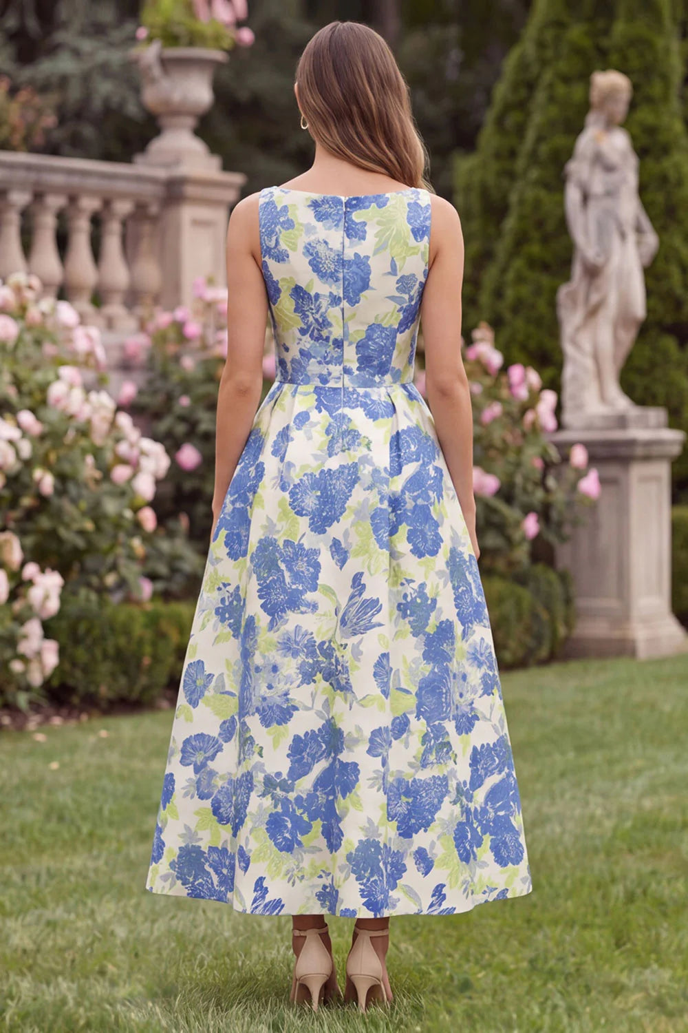 Blue Floral A Line Square Neck Midi Wedding Guest Dress with Bow