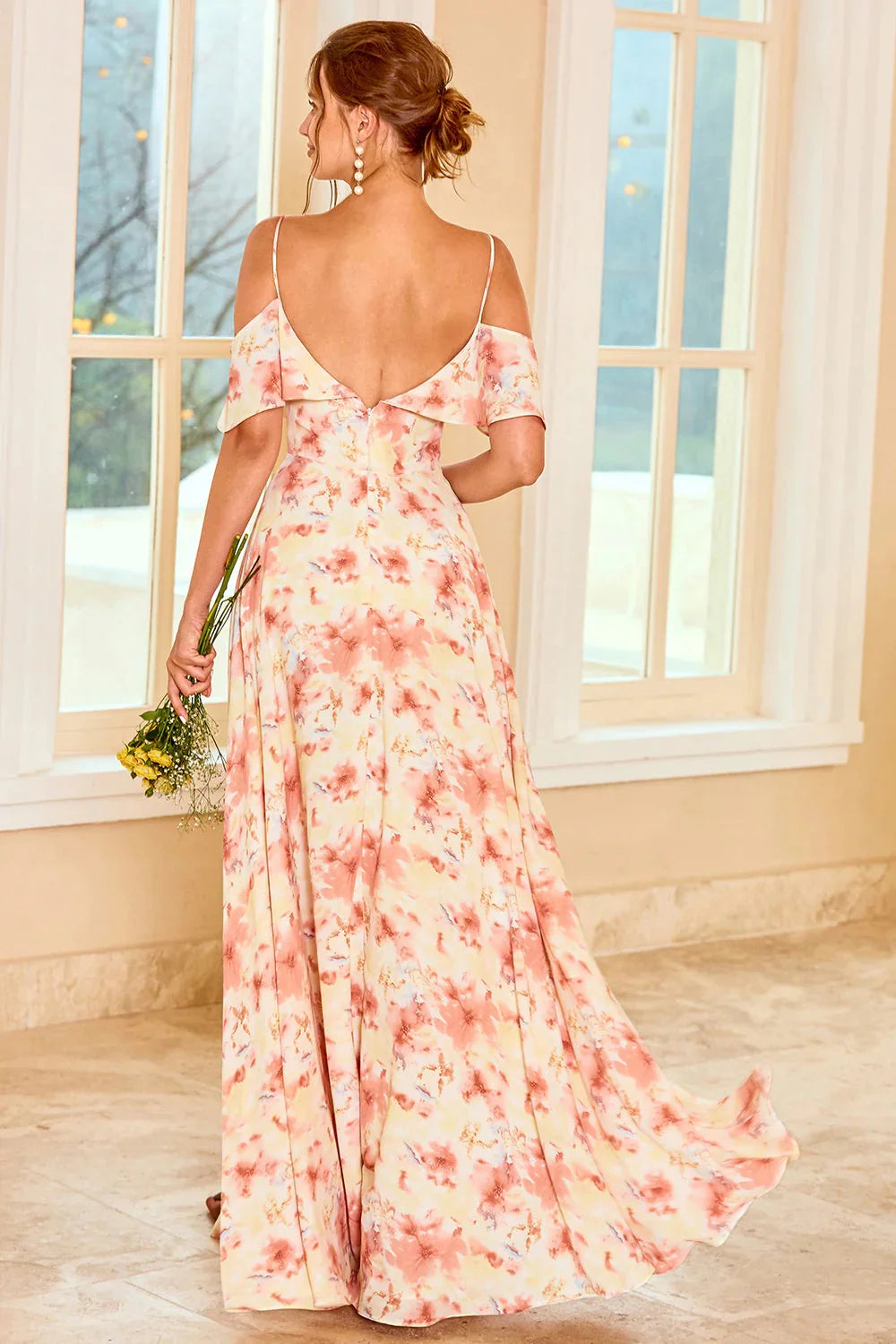 Blue Floral Print A Line Off the Shoulder Long Bridesmaid Dress
