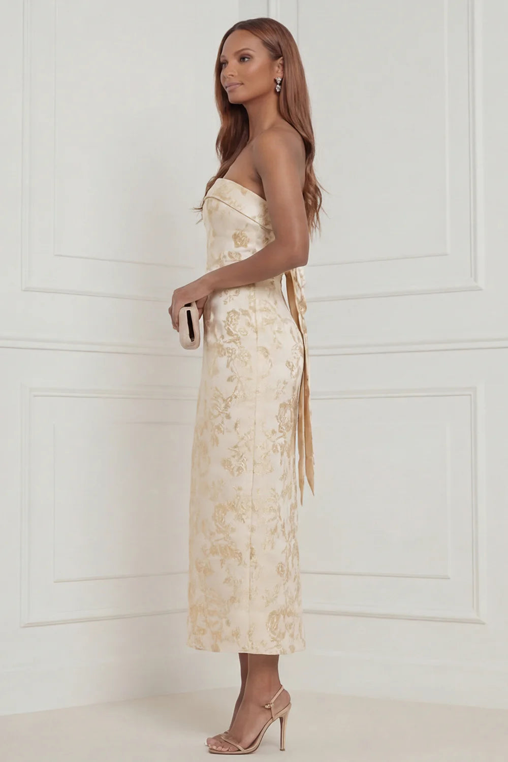 Sky Blue Sheath Strapless Jacquard Midi Wedding Guest Dress