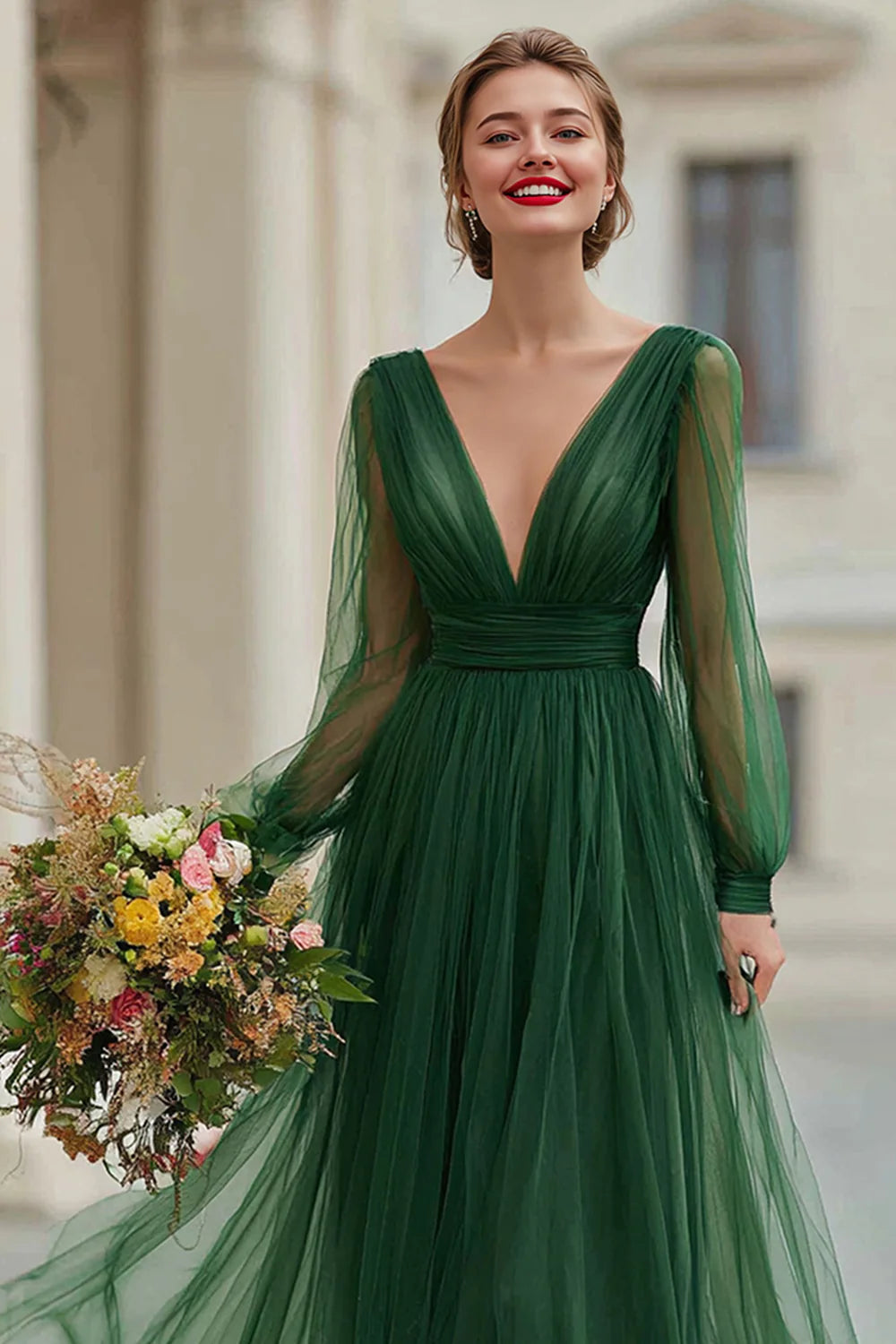 Elegant Dark Green A Line V Neck Pleated Bridesmaid Dress