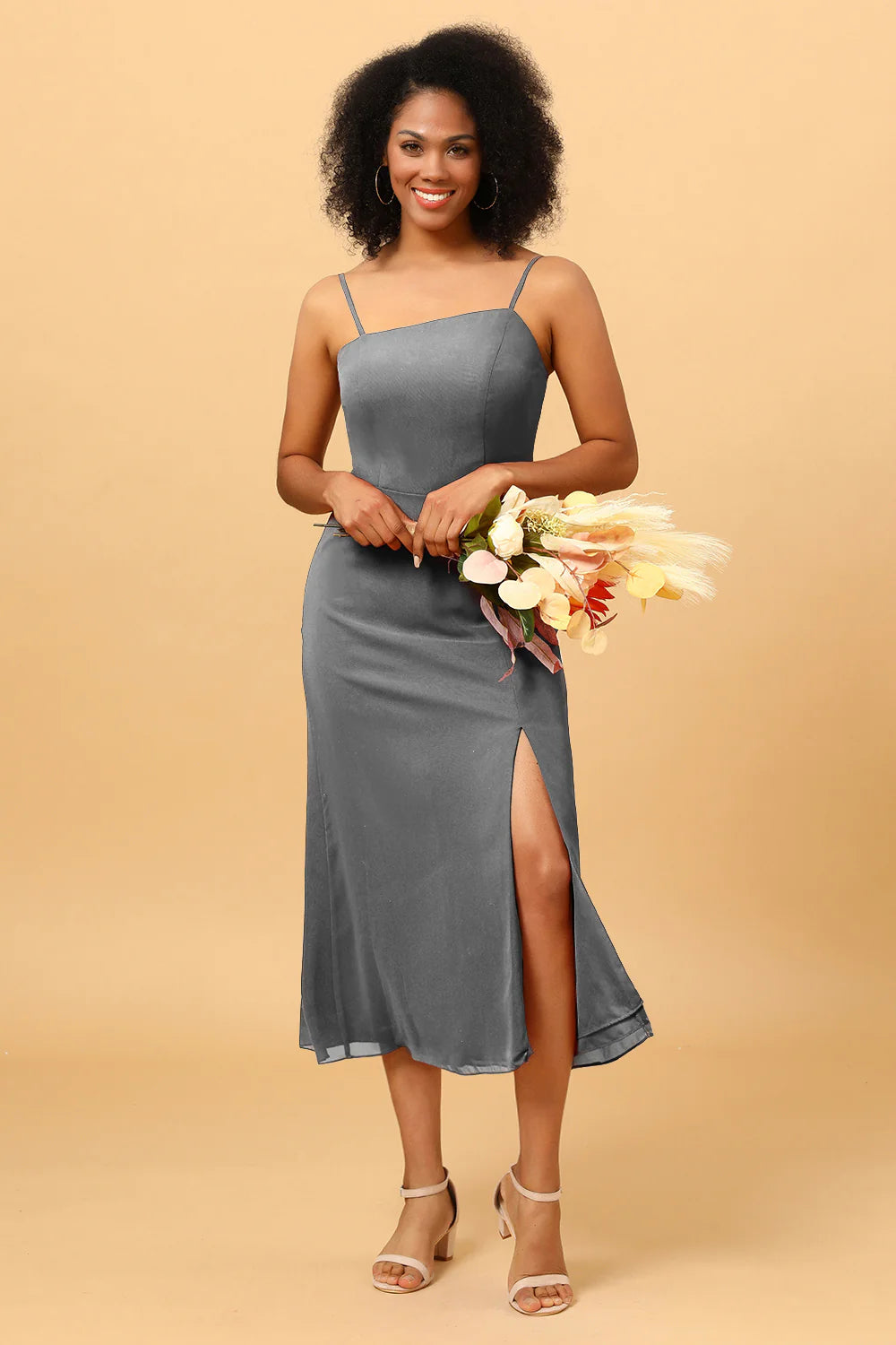 Sheath Spaghetti Straps Midi Chiffon Bridesmaid Dress with Slit