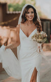 Simple Mermaid Satin Wedding Dress With Split Front And Deep V Back