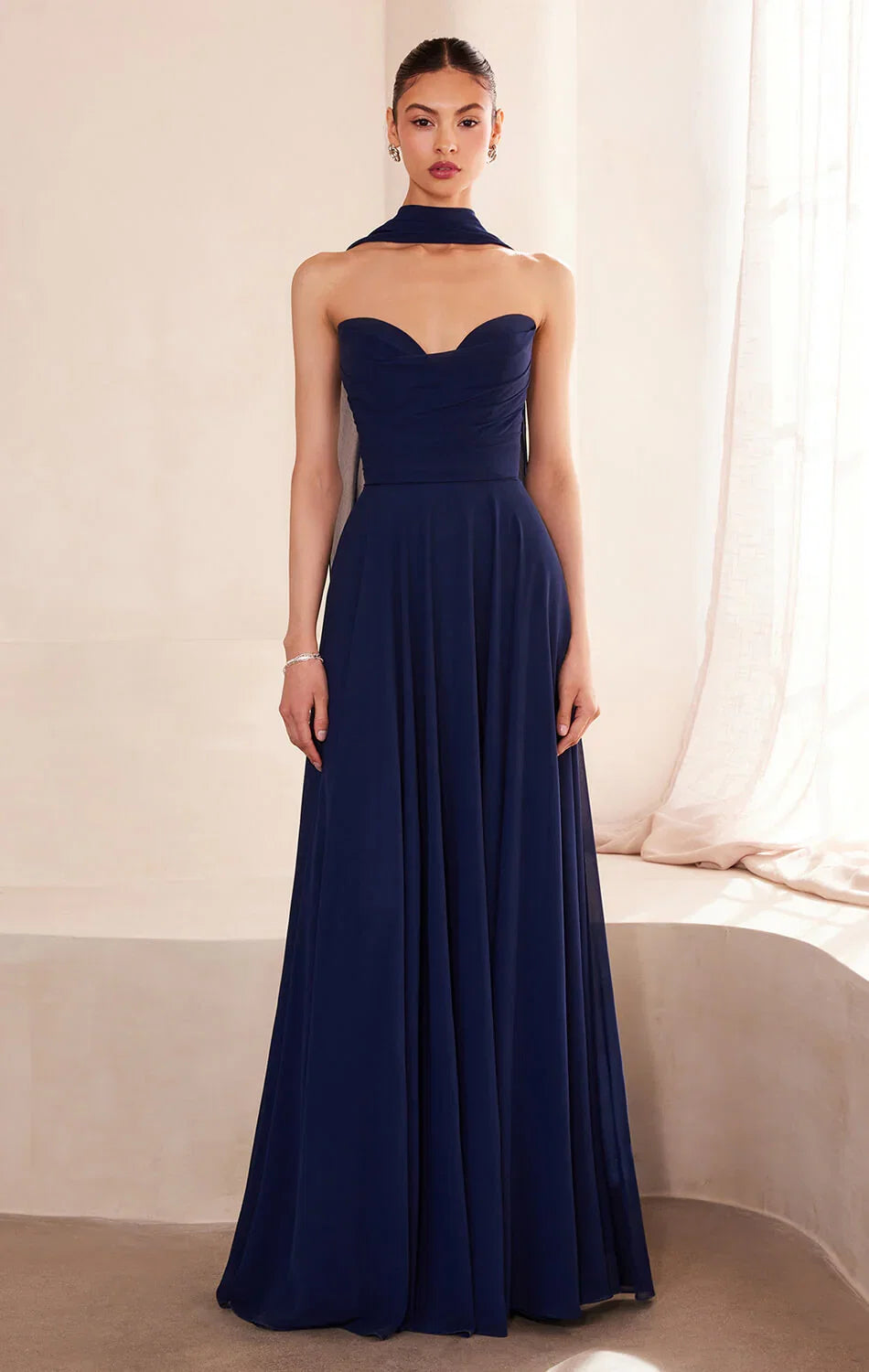 Ella Gown A line Strapless Chiffon Dress With Scarf