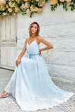 Sky Blue A Line Spaghetti Straps Floor Length Chiffon Bridesmaid Dress