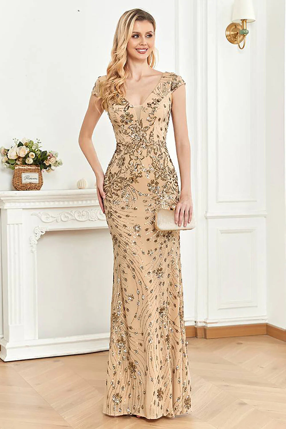 Sparkly Golden Sheath V Neck Long Formal Dress with Beading