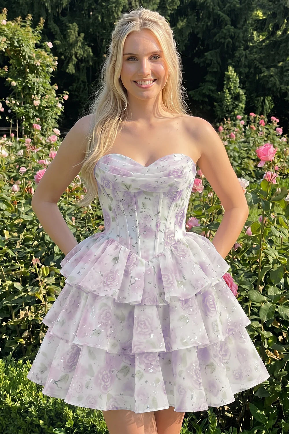 Strapless Floral A Line Sequin Corset Pink Homecoming Dress