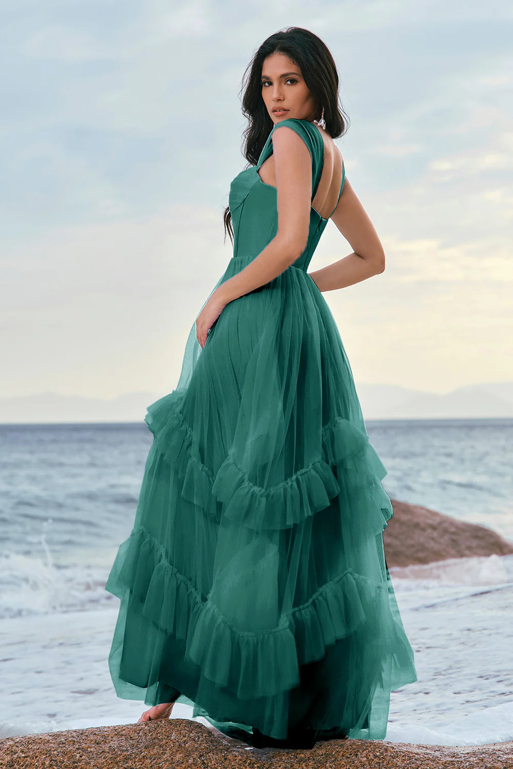 Grey Blue A Line Ruched Corset Long Bridesmaid Dress with Ruffles