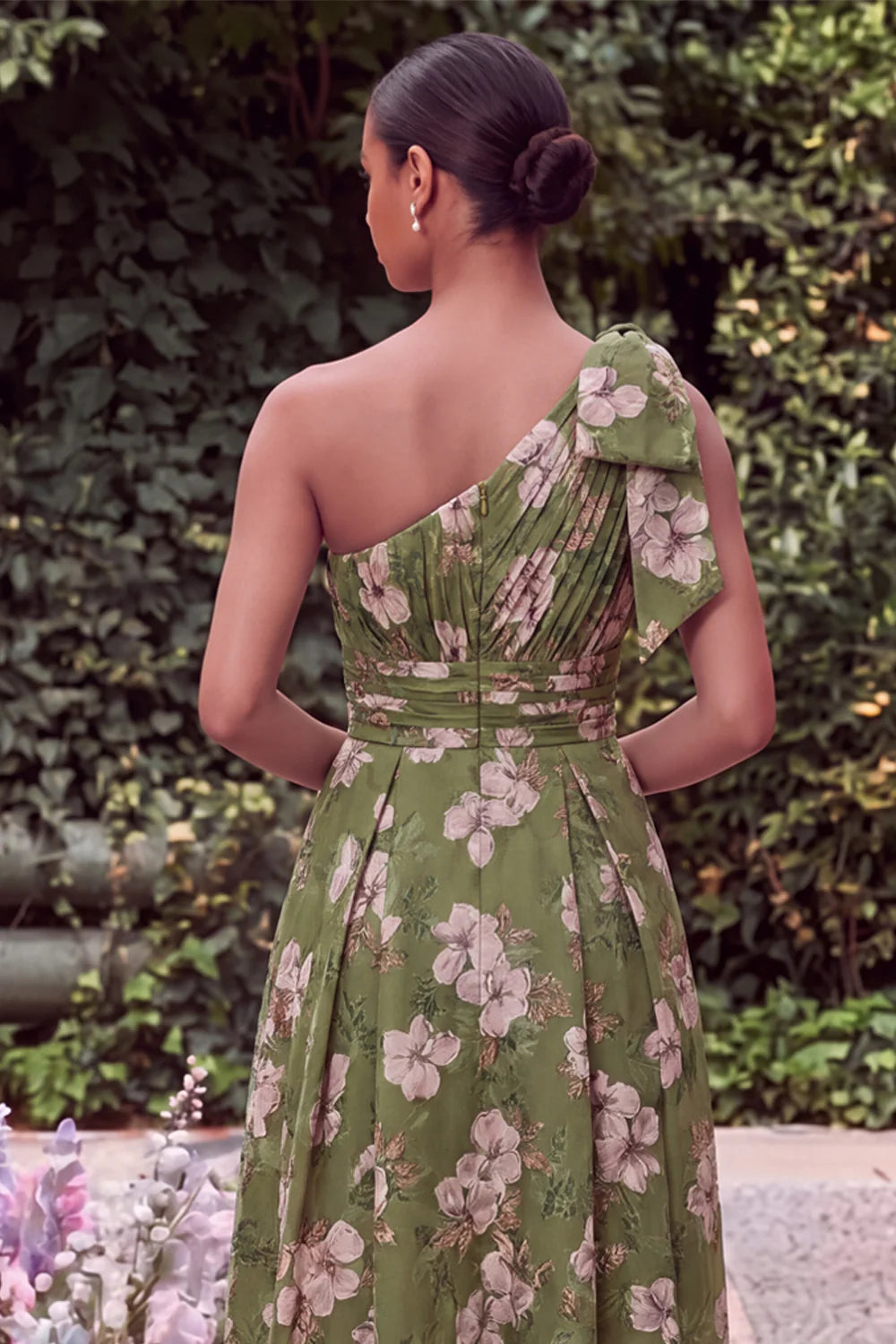 One Shoulder Sage Flower A Line Wedding Guest Dress with Bow