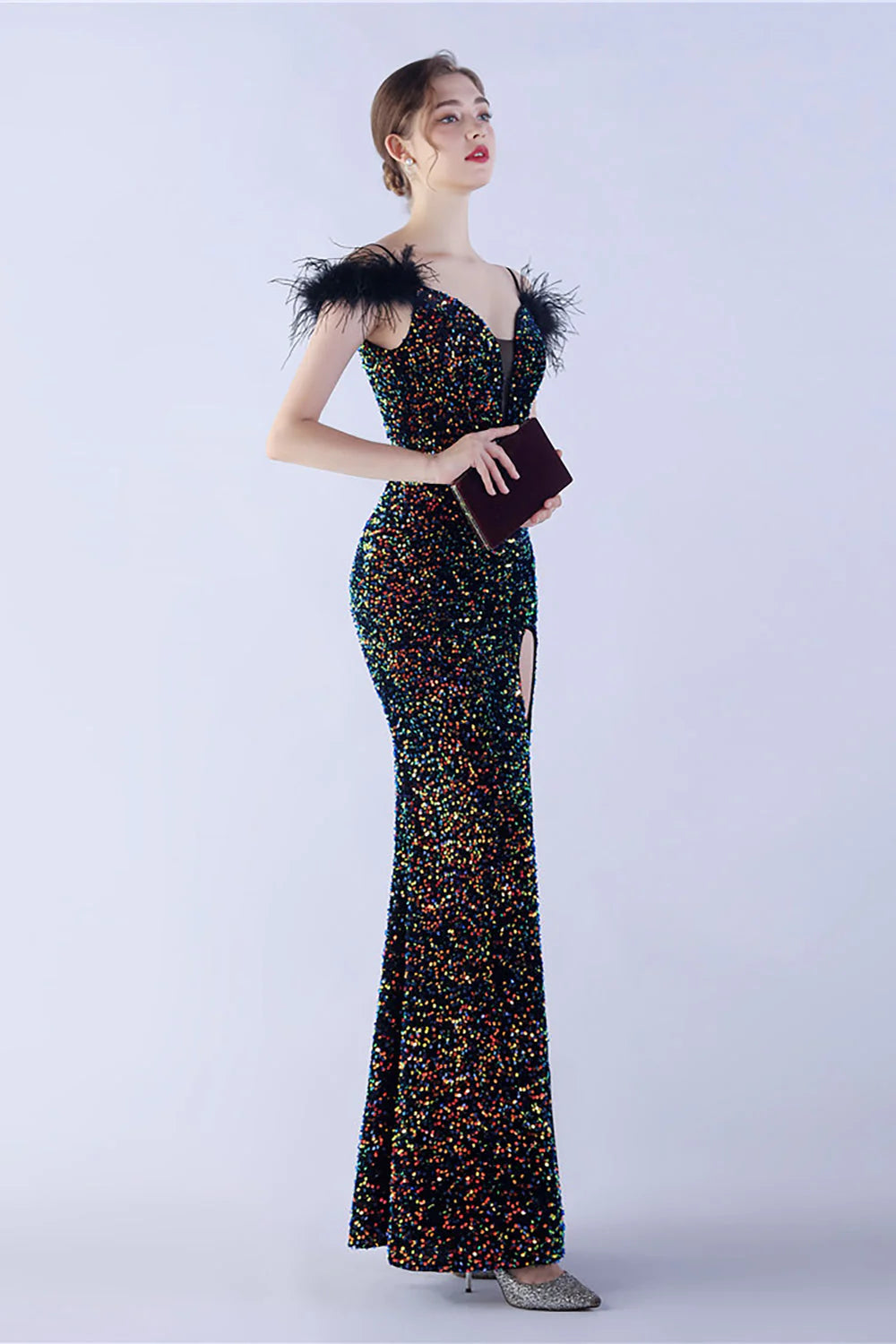 Mermaid Spaghetti Straps Sequin Formal Dress With Feathers