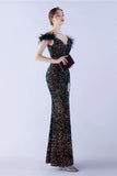 Mermaid Spaghetti Straps Sequin Formal Dress With Feathers