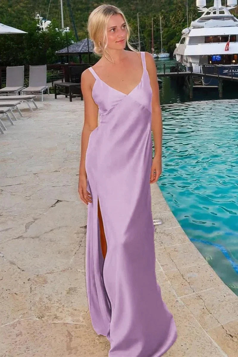 Sheath V Neck Tie Back Maxi Dress with Slit in Yellow