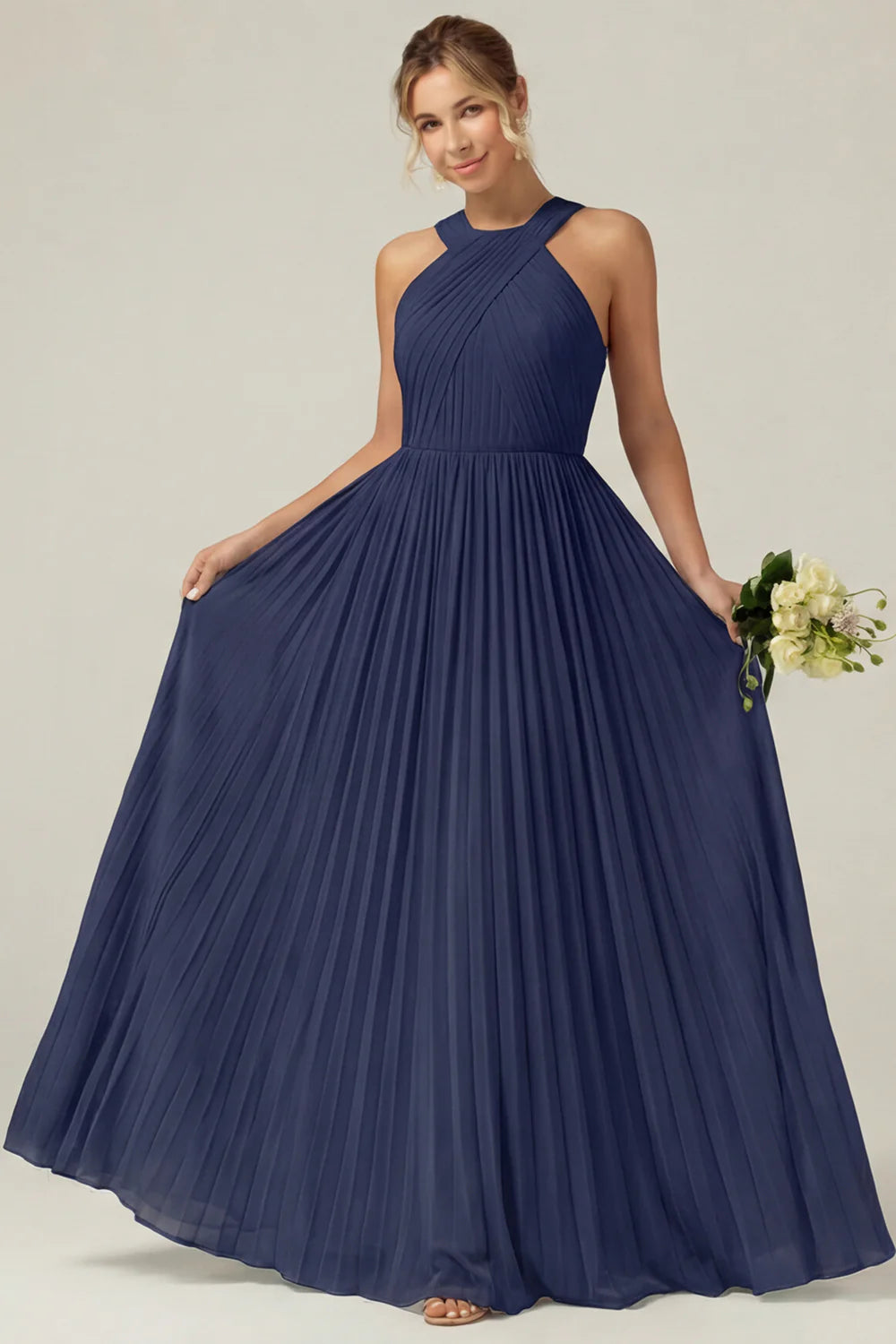 Dusty Sage A Line Halter Pleated Long Bridesmaid Dress