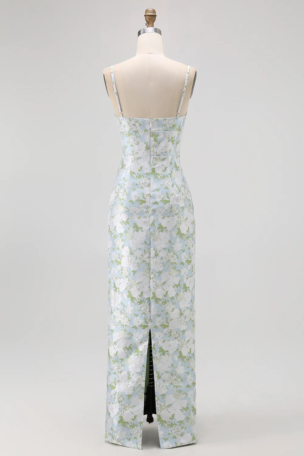 White Flower Sheath Spaghetti Straps Print Long Bridesmaid Dress with Back Slit