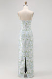 White Flower Sheath Spaghetti Straps Print Long Bridesmaid Dress with Back Slit