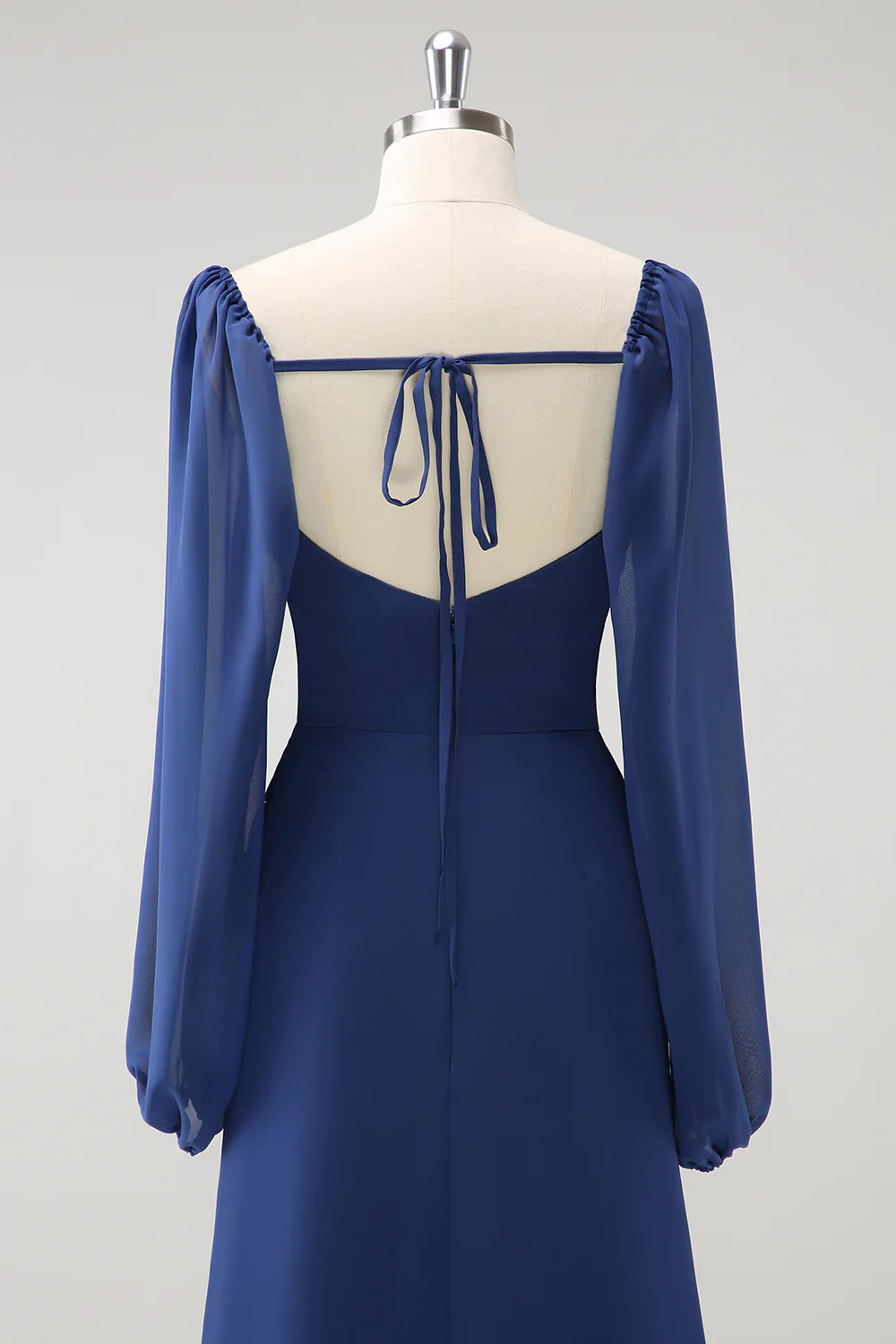 Dark Blue Mermaid Square Neck Pleated Long Sleeves Corset Chiffon Bridesmaid Dress with Slit