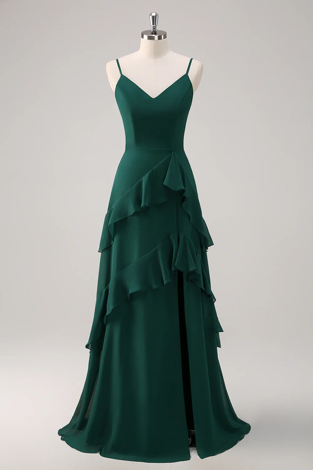Dark Green A Line Spaghetti Straps Ruffled Chiffon Floor Length Bridesmaid Dress with Slit
