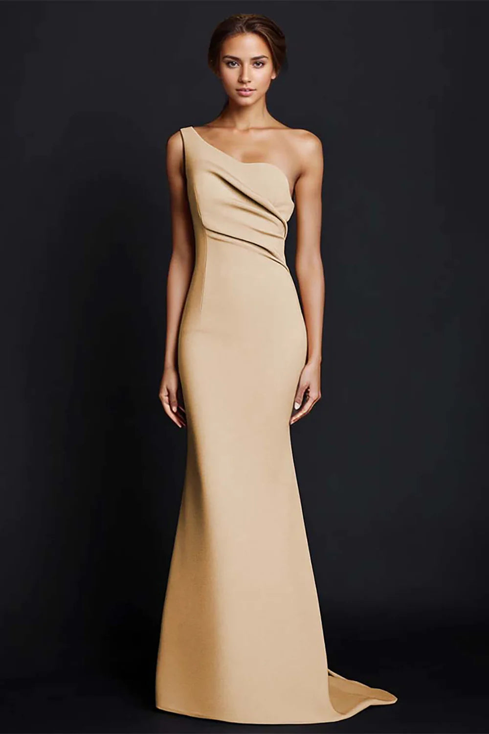 One Shoulder Mermaid Ruched Khaki Maxi Dress