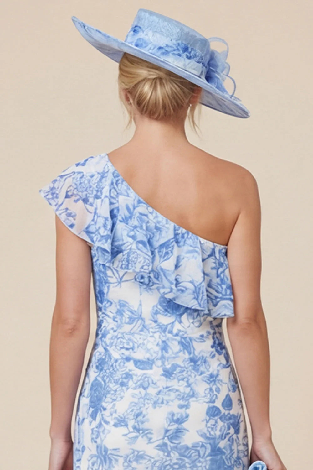 One Shoulder Light Blue Ruffle Floral Mother of the Bride Dress with Slit