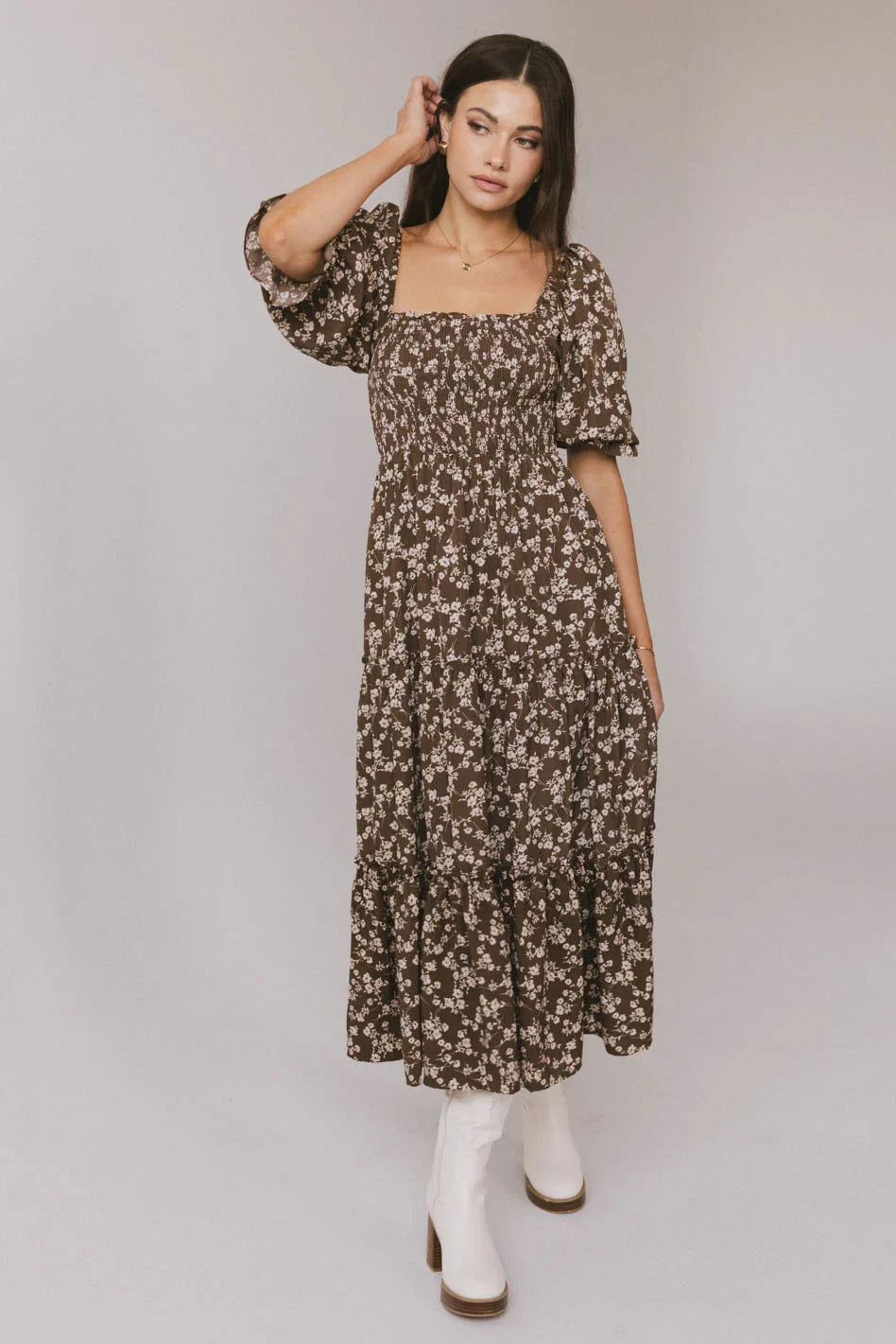 Kiran Floral Midi Dress in Brown FINAL SALE