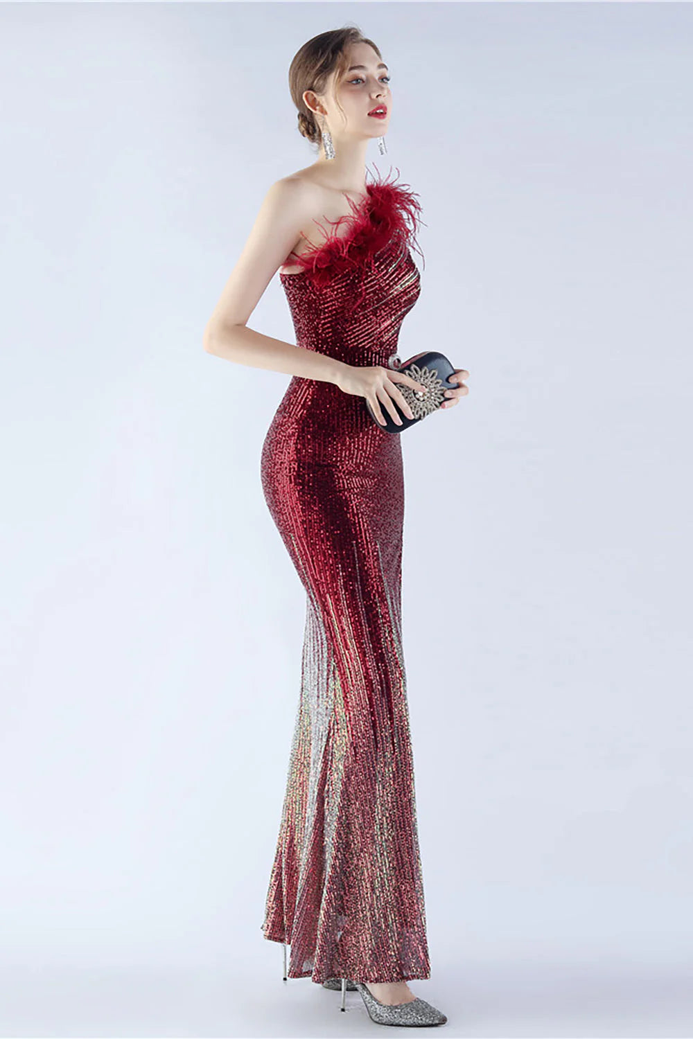 Glitter Black Bodycon Beaded Feather One Shoulder Evening Dress With Slit