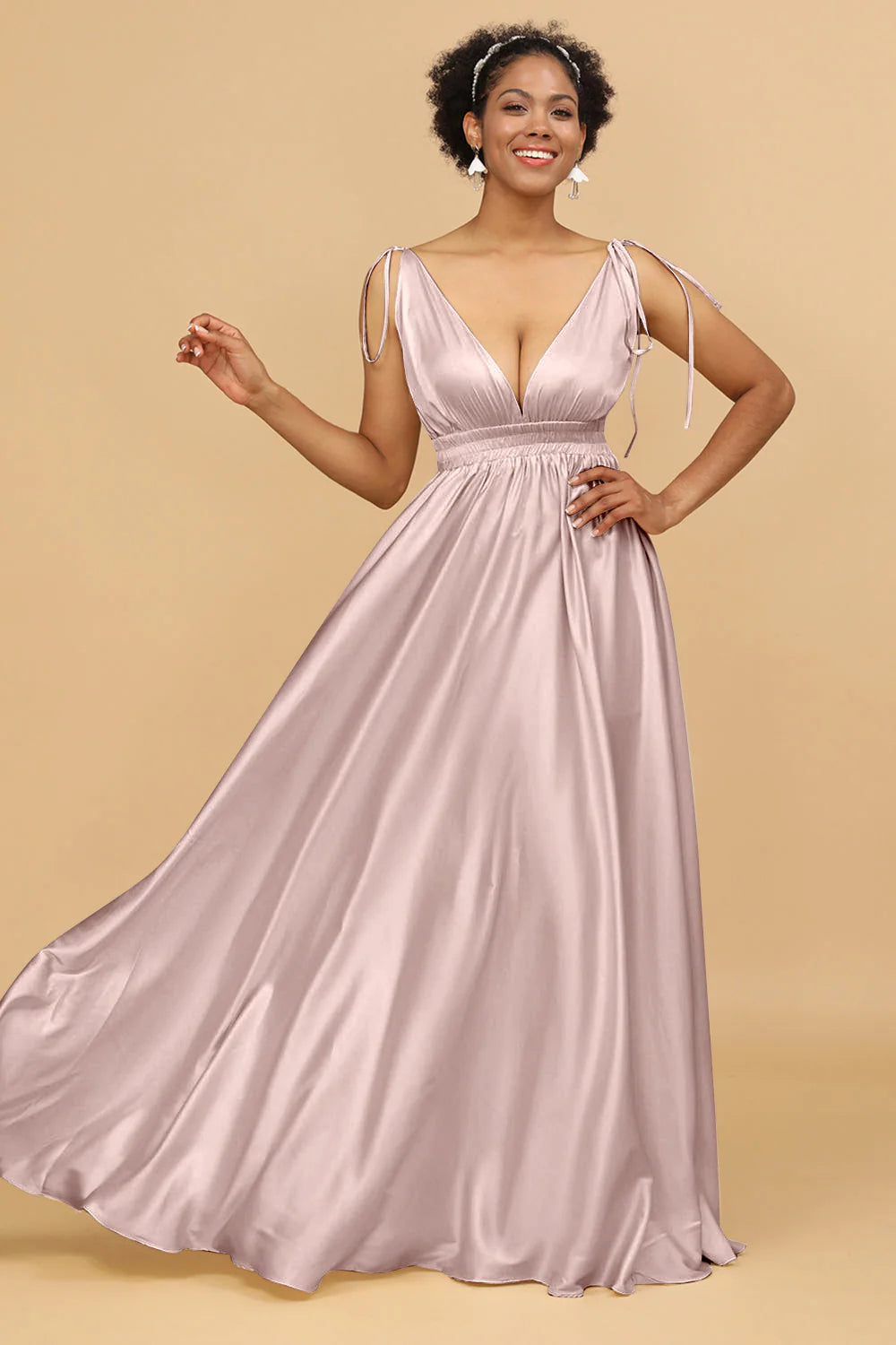 A Line Deep V Neck Backless Floor Length Bridesmaid Dress