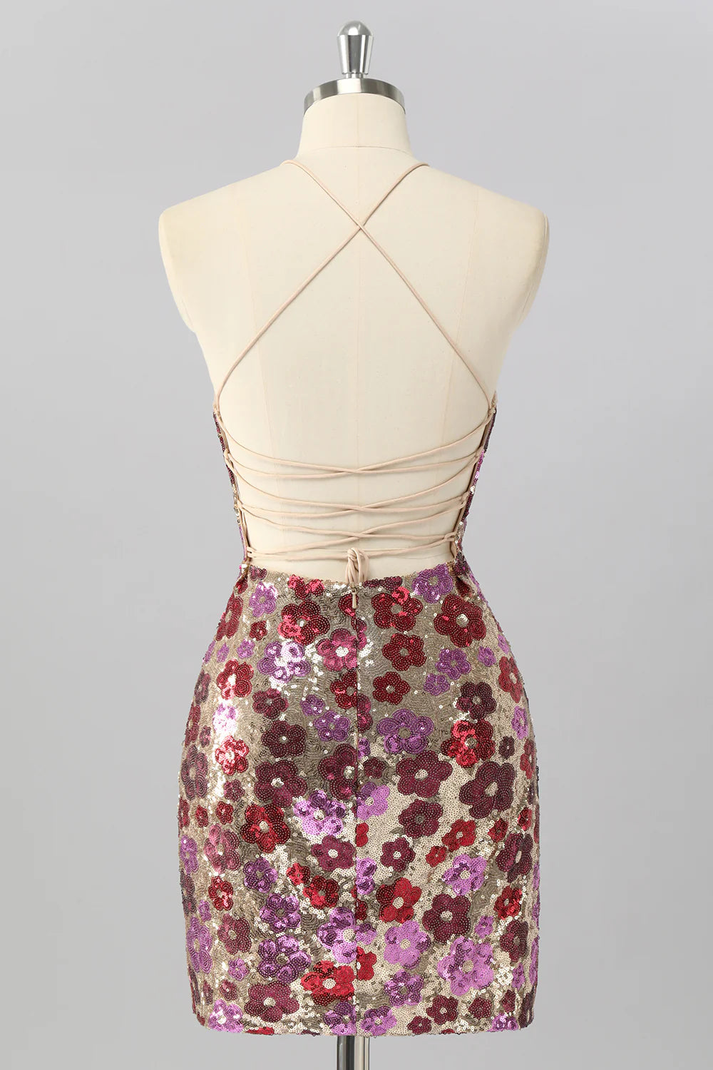 Yellow Flower Bodycon Sequins Spaghetti Straps Homecoming Dress with Lace Up Back