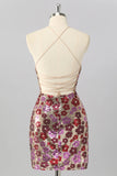 Red Flower Sequins Bodycon Spaghetti Straps Homecoming Dress with Lace Up Back