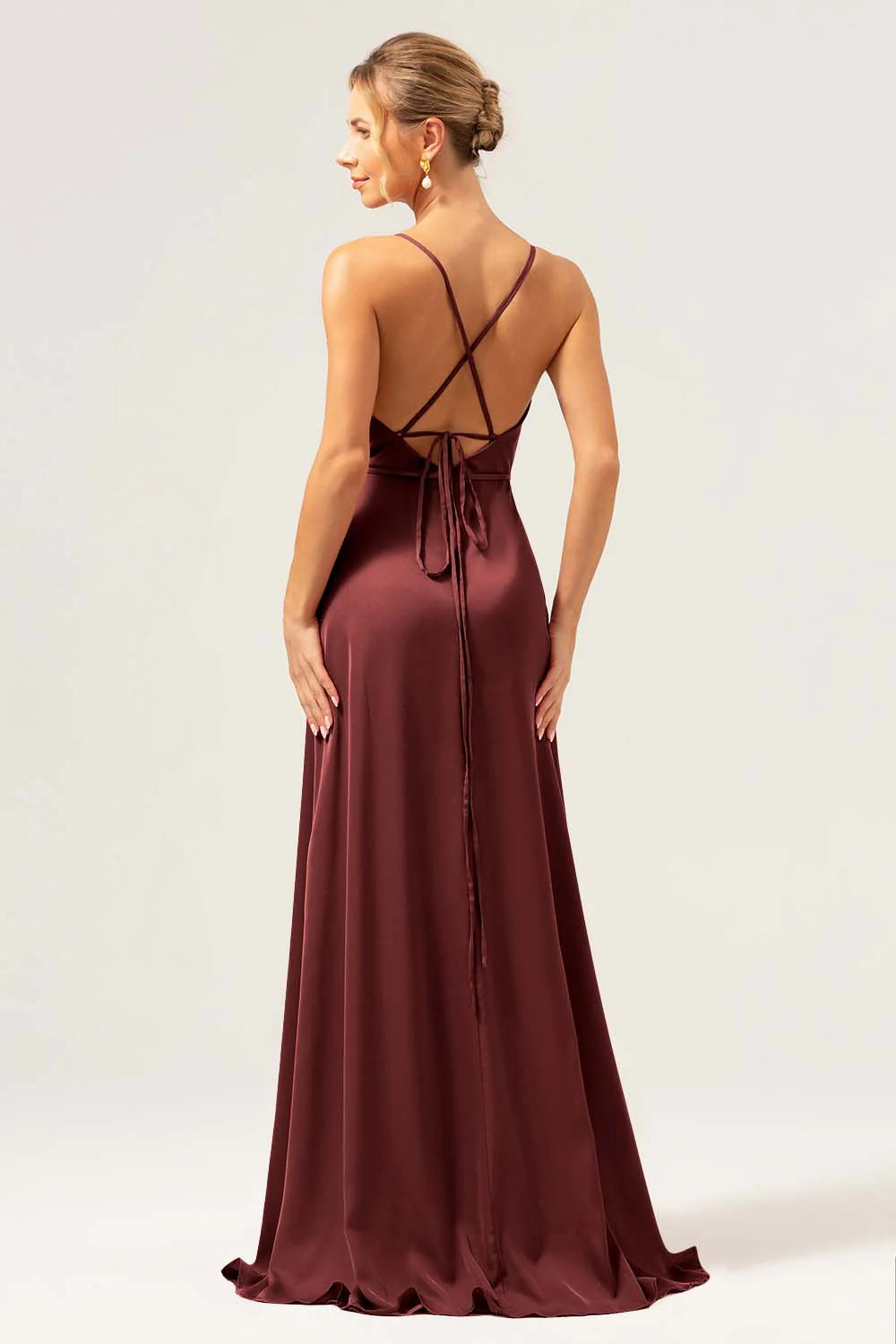 Dark Navy A Line Cowl Neck Long Satin Bridesmaid Dress with Slit