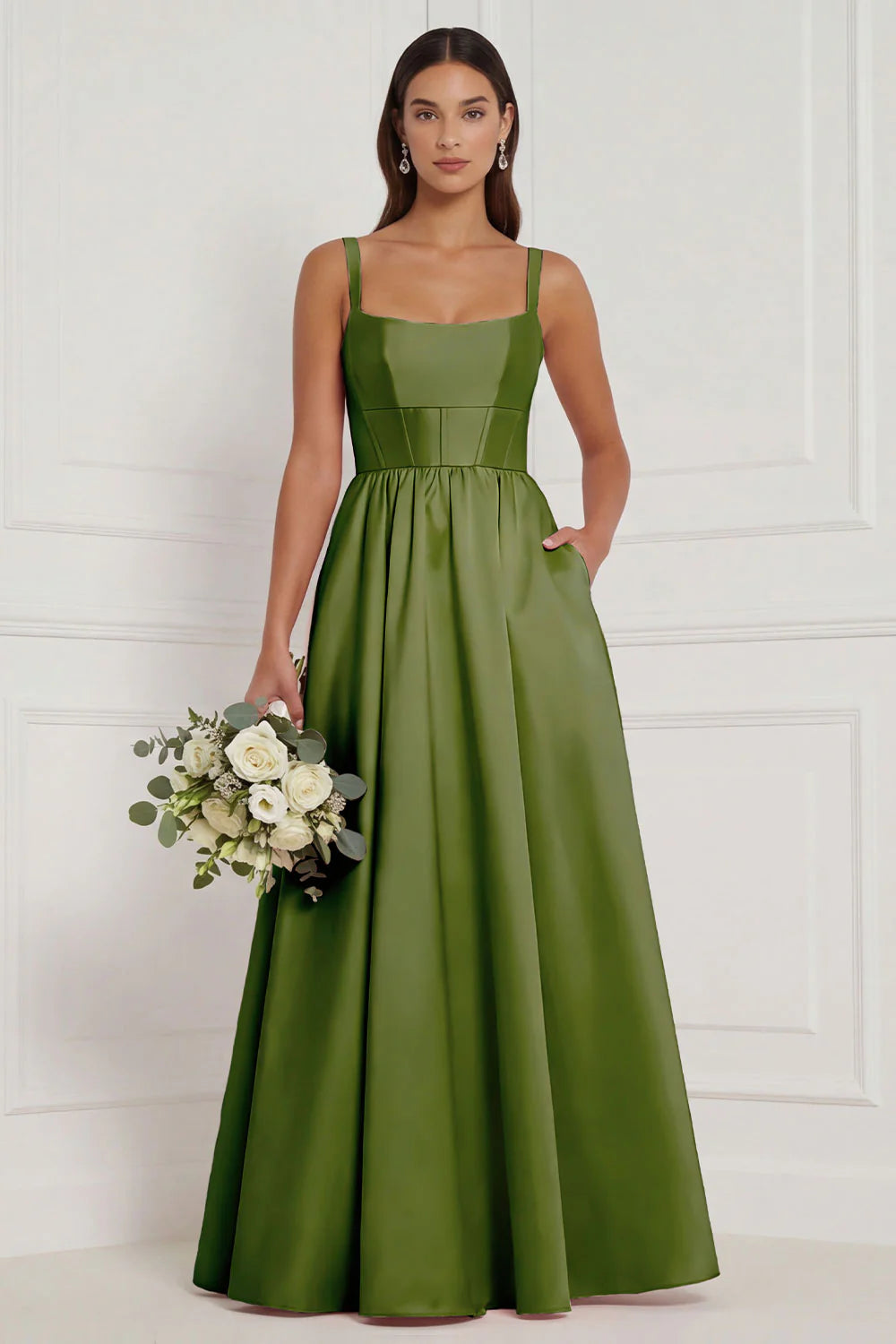 Lilac A Line Corset Satin Square Neck Long Bridesmaid Dress