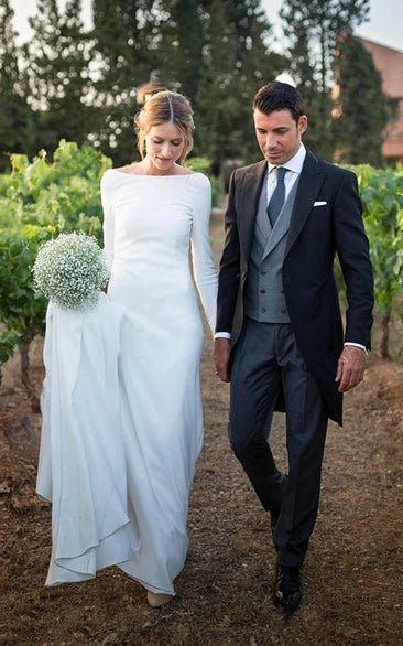 Simple Chiffon Sheath Bateau neck Deep V Back Bridal Gown with Chapel Train