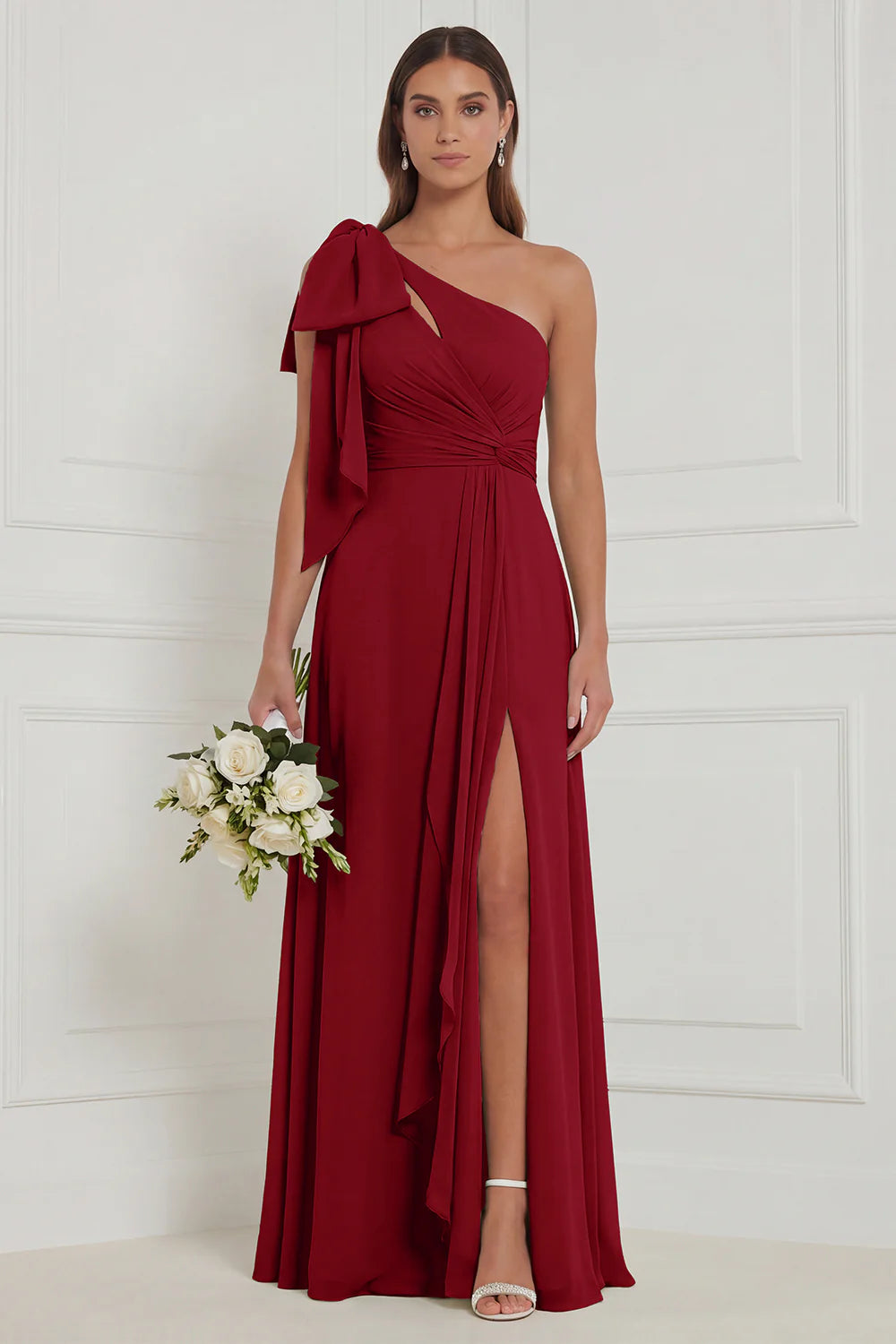Sage A Line One Shoulder Long Bridesmaid Dress with Slit