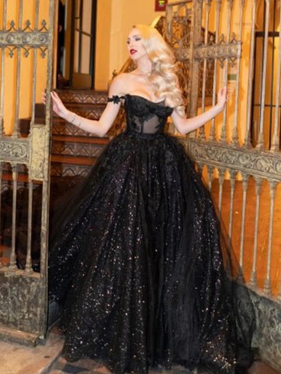 A Line Black Gothic Wedding Dresses with Sequin Lace Appliques