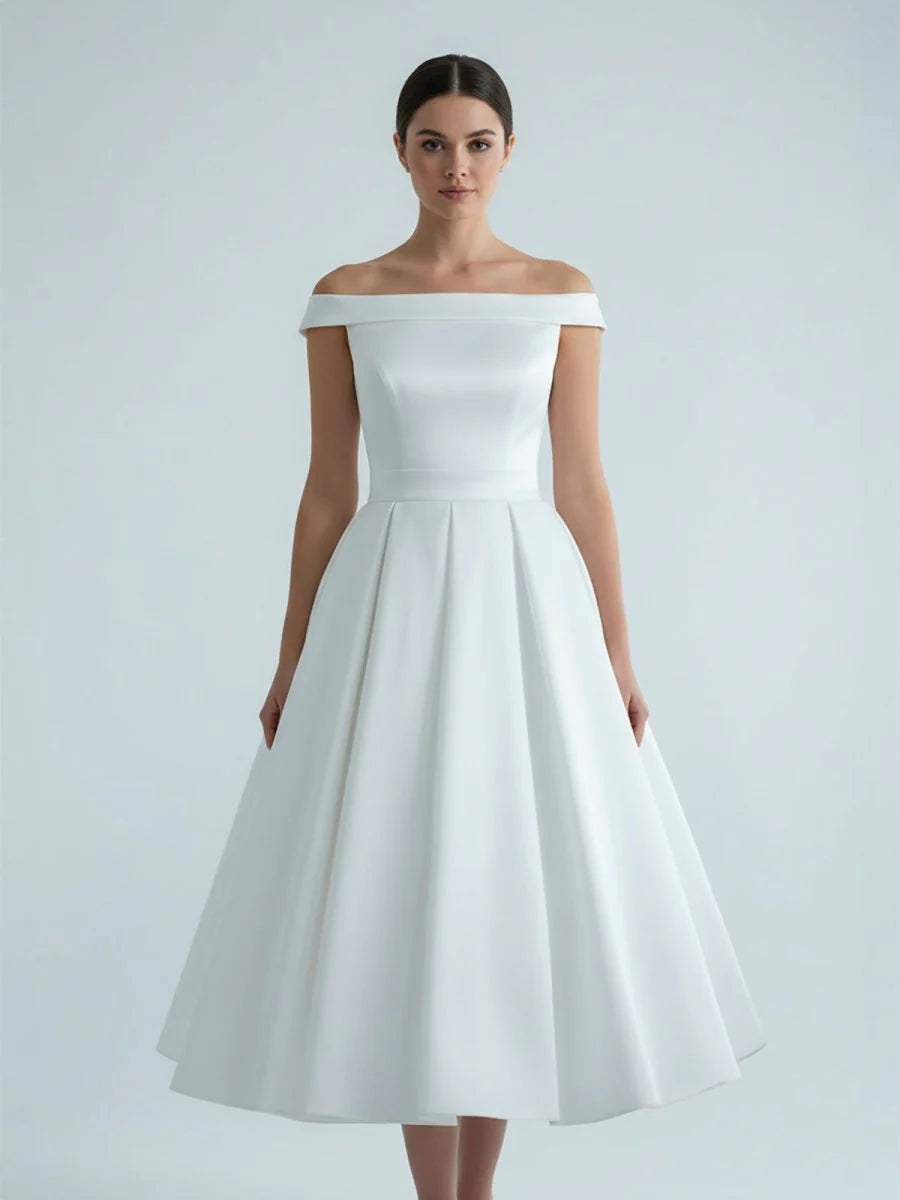 Sleeveless Tea Length Satin Wedding Dress With Sash And Off The Shoulder Neck