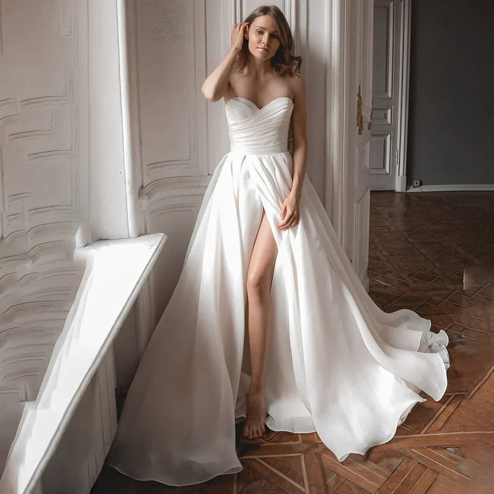 A Line Off the Shoulder White Wedding Dress with Slit