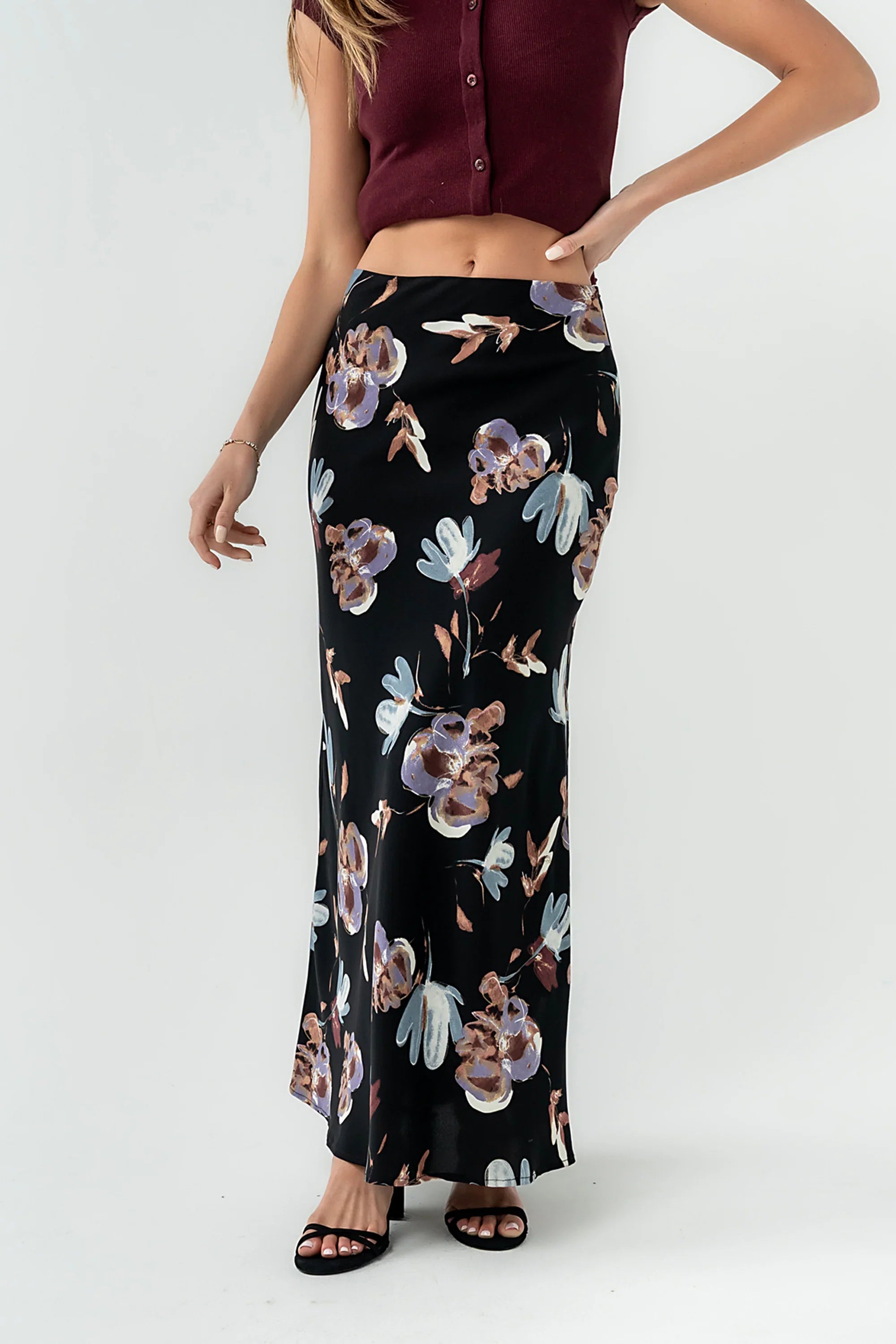 Eden Floral Midi Skirt in Black