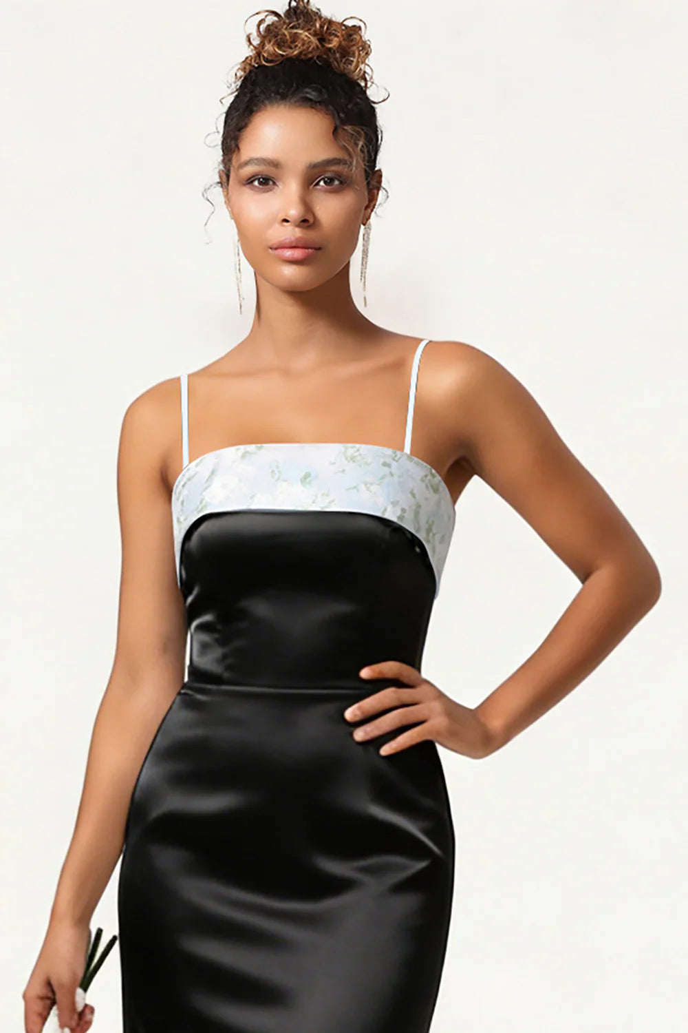 Blue Floral Spaghetti Straps Mermaid Satin Bridesmaid Dress with Bow