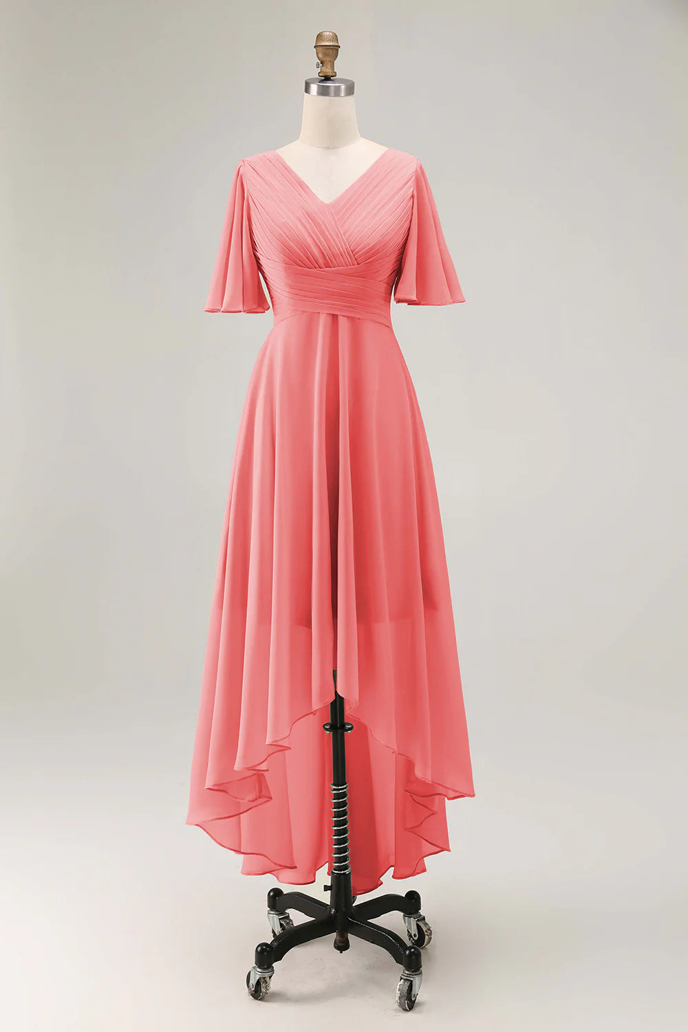 Sage Green A Line Chiffon Pleated High Low Bridesmaid Dress with Short Sleeves