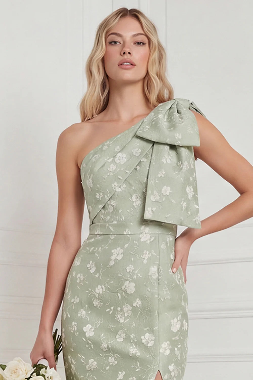One Shoulder Sage Floral Jacquard Mermaid Bridesamid Dress with Slit