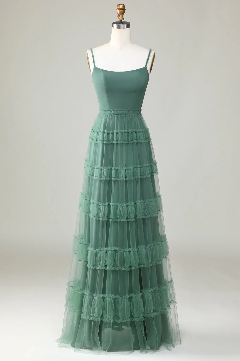 Eucalyptus A Line Spaghetti Straps Tiered Tulle Plus Size Bridesmaid Dress